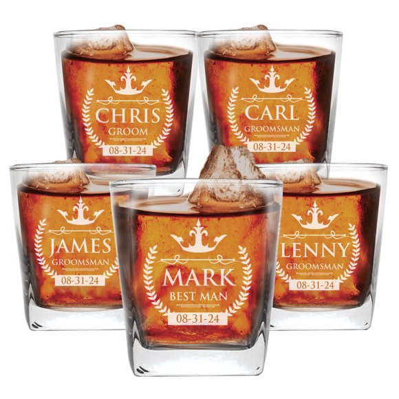 The Wedding Party Store Set of 1, 3, 7 and More Custom Personalized Whiskey Rocks Glasses for Bachelor Party - Engraved Square Rocks Glass Gifts for Groom, Groomsman - Royal Style (5)