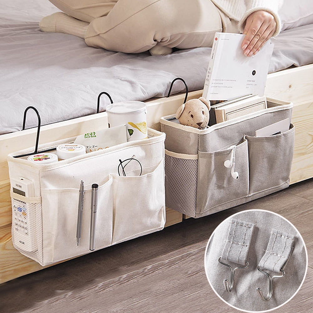 Grey Agyvvt Set of 2 Bedside Hanging Storage Basket Bag Canvas Hanging Organizer for Hospital Beds Dorm Rooms Bed Rails Magazine Holder 