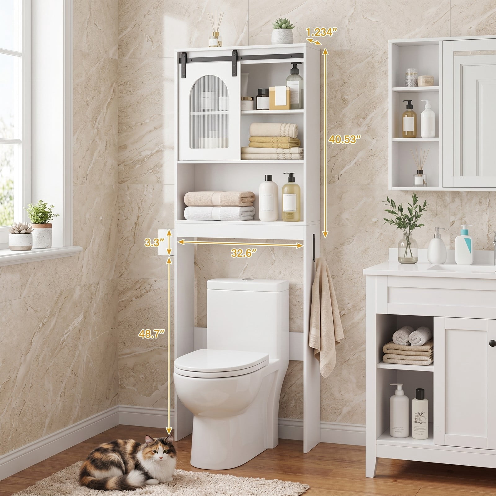 Fenbeli Over The Toilet Storage Cabinet with Sliding Barn Door and Open Shelves, Farmhouse Bathroom Space Saver Organizer Over Toilet Rack with Side Hooks, White