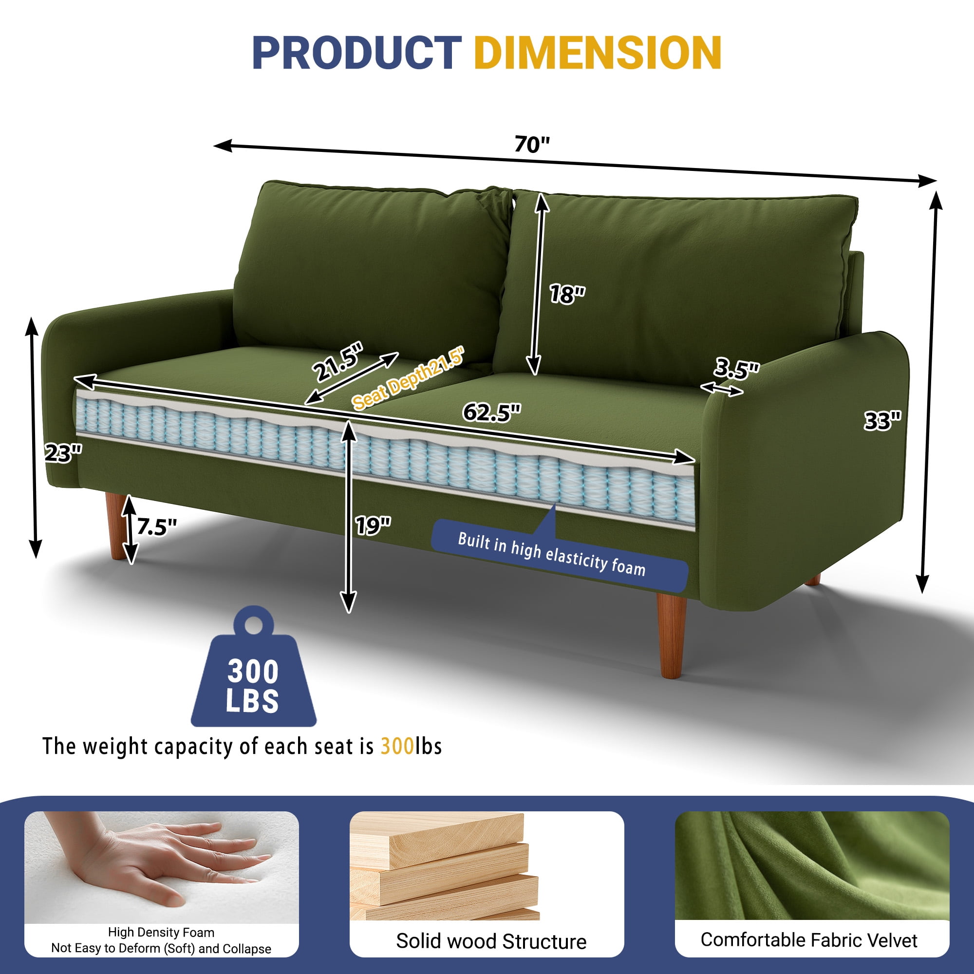 Koby Home 58" Loveseat Sofa Couch - Velvet Comfy with Wood Legs for Living Room Green