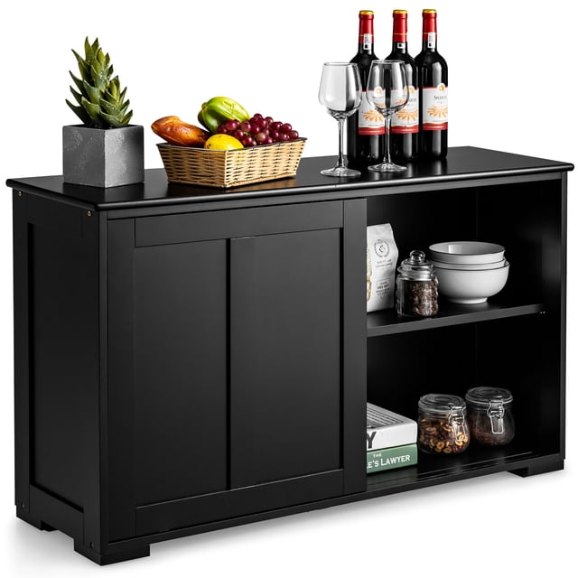 Costway Kitchen Storage Cabinet Sideboard Buffet Cupboard Wood Sliding Door Pantry Black