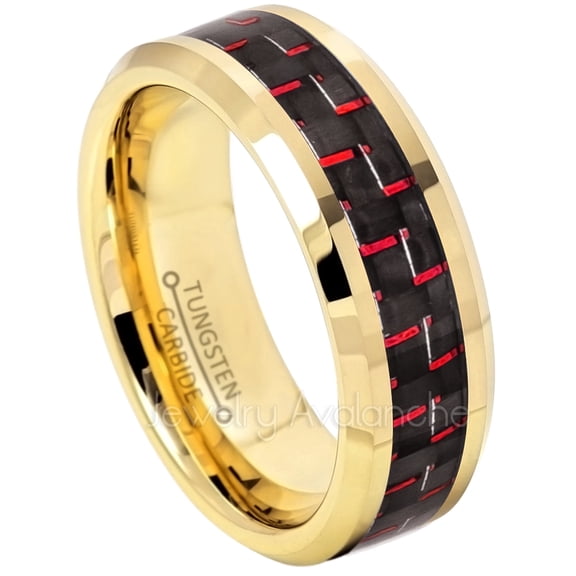 8mm Tungsten Ring - Polished Yellow Gold Plated Comfort Fit Tungsten Ring with Red and Black Carbon Fiber Inlay - TN333WAs9