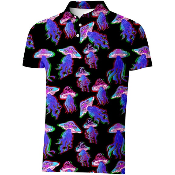 mushroom Golf Shirts for Men Outfit Dry Fit Performance Rave Outfit Retro Short Sleeve Casual Polo Shirt S