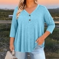 thumbnail image 4 of KyCheLot Women's V Neck Tops Fall Button Plus Size 3/4 Length Sleeve Solid Color Clothes Comfy Loose Hiking Tops, 4 of 6