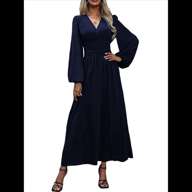 Vestido Holgado Informal con Escote en V, Corte A, Larga y Abertura Alta para Mujer. Azul Marino S