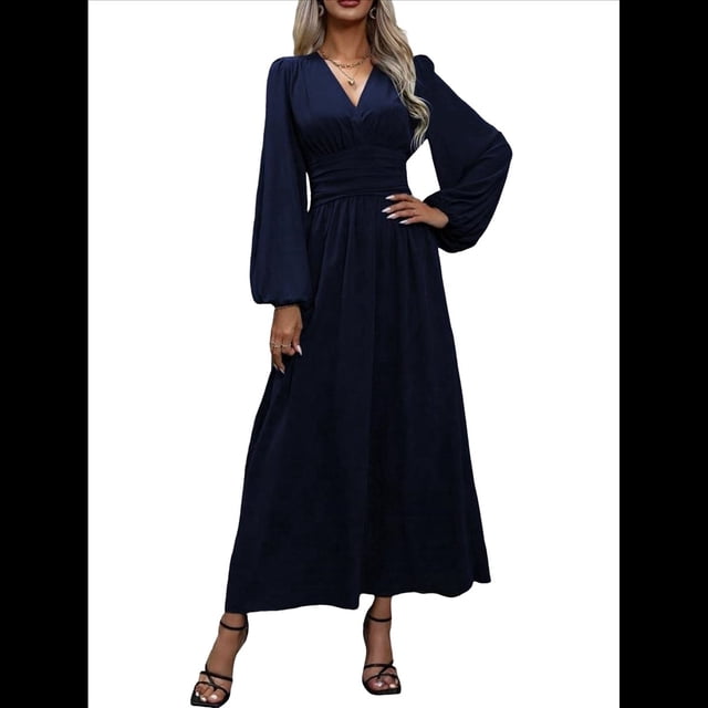 Vestido Holgado Informal con Escote en V, Corte A, Larga y Abertura Alta para Mujer. Azul Marino M