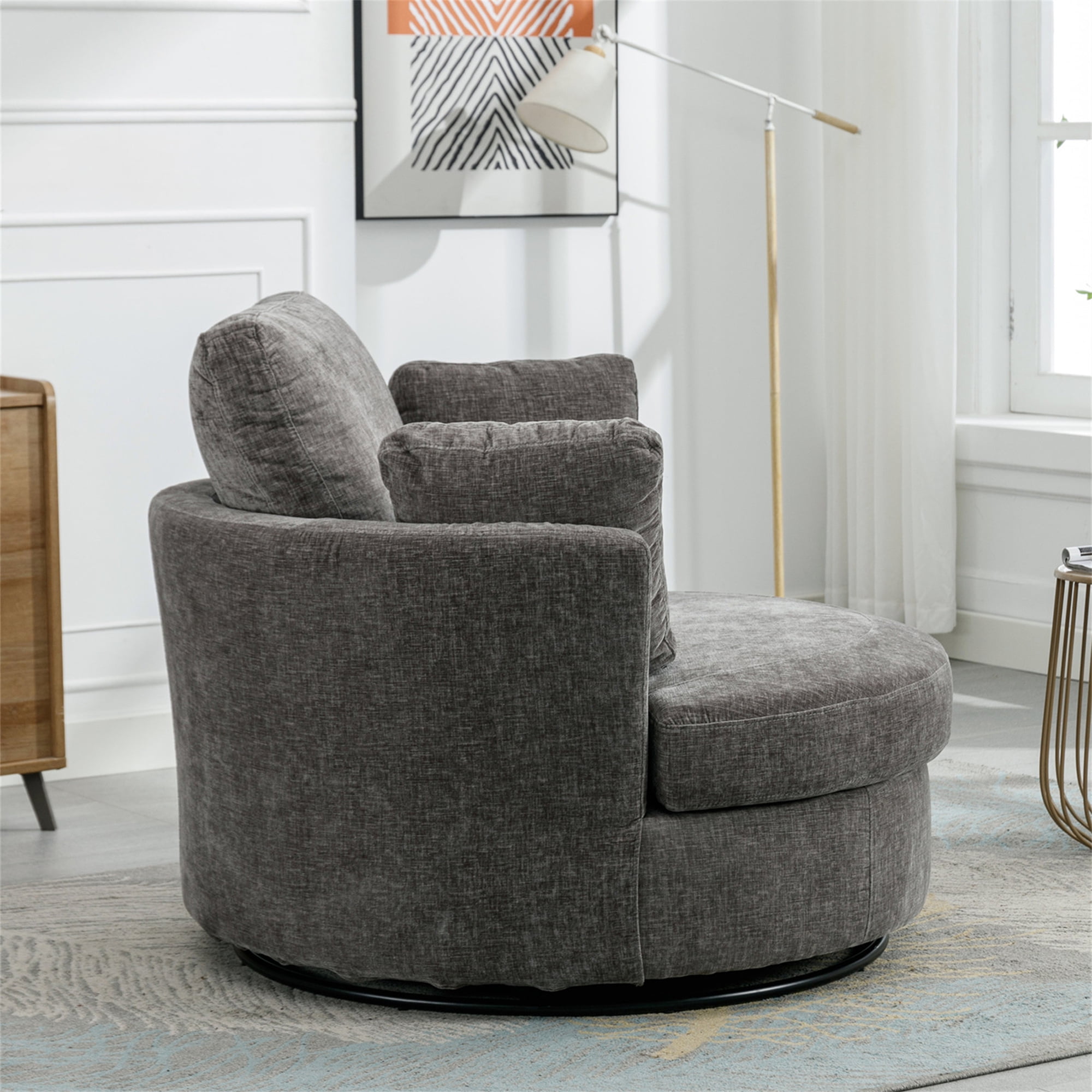 Aukfa 42" Oversized Swivel Accent Chair w/ Lumbar Pillow, Living Room Barrel Chair Read Chair, Gray