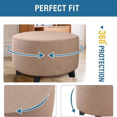 Round Ottoman Slipcover Footstool Covers Stool Ottoman Covers Stretch Elastic Feature Textured Jacquard Polyester Machine Washable Khaki