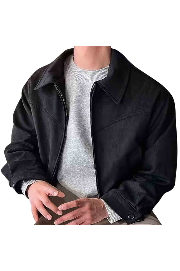 Men's Lapel Zip Up Jacket Long Sleeve Vintage Coats Casual Fashion Solid Color Cropped Jacket Outerwear (Black,XL)