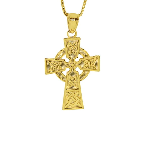 Precious Stars 14K Yellow Solid Gold Fancy Celtic Cross Unisex Religious Pendant with 24" Chain Necklace
