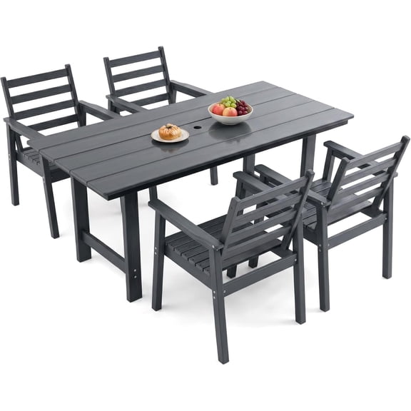5 Piece HDPE Outdoor Dining Set for 4, Patio Dining Furniture Set with 2” Umbrella Hole, Weather Resistant Outdoor Table and Chairs for Garden, Poolside, Backyard, Deck