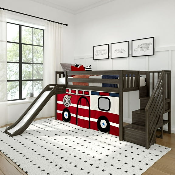Low Loft With Stairs, Easy Slide & Firetruck Curtain, Clay