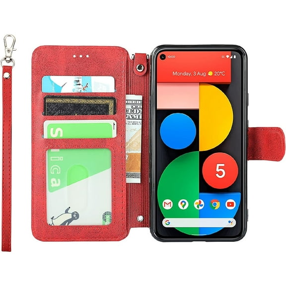 Wallet Case for Google Pixel 5 with Card Holder Slots,Kickstand Phone Cover Premium Leather Magnetic Closure Slim Flip Shockproof Wrist Strap Case for Google Pixel 5 6.0",Wine Red