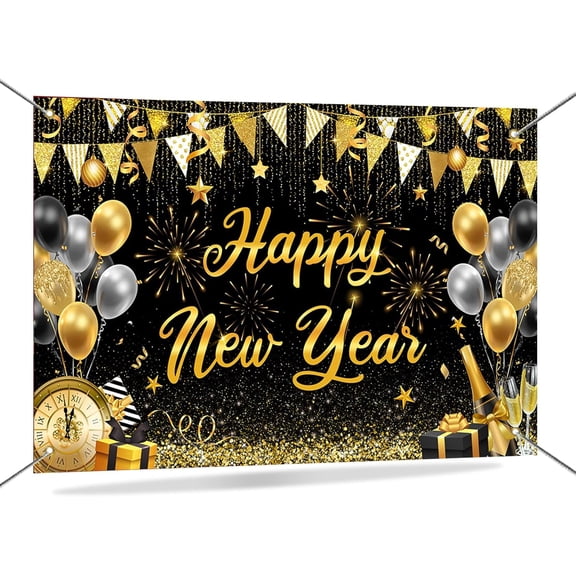 Mocsicka Happy New Year 2026 Banner Backdrop Black and Gold New Years Eve Decorations Party Banner Supplies 70.8 x 43.3 Inch