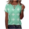thumbnail image 2 of DailkTrvid Women's Summer Blouse Trendy Loose Fit Tops Crisscross V Neck T-Shirt Casual Tees Short Sleeve Damask Print Rolled Cuff Outfits, 2 of 6