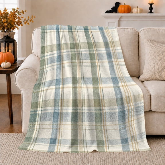 Soft Sage Blue Plaid Flannel Blanket with Cream Check Pattern Light Farmhouse Textile Art, Gentle Cottage Farmhouse Style, Sofa Bedroom Nursery Home Decor, Wedding Gift