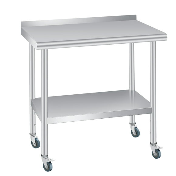 Heavy Duty Stainless Steel Prep & Work Table for Restaurant, Kitchen, Home – Backsplash, Adjustable Undershelf, 4 Locking Wheels – Commercial Grade – Size: 30x24 Inch