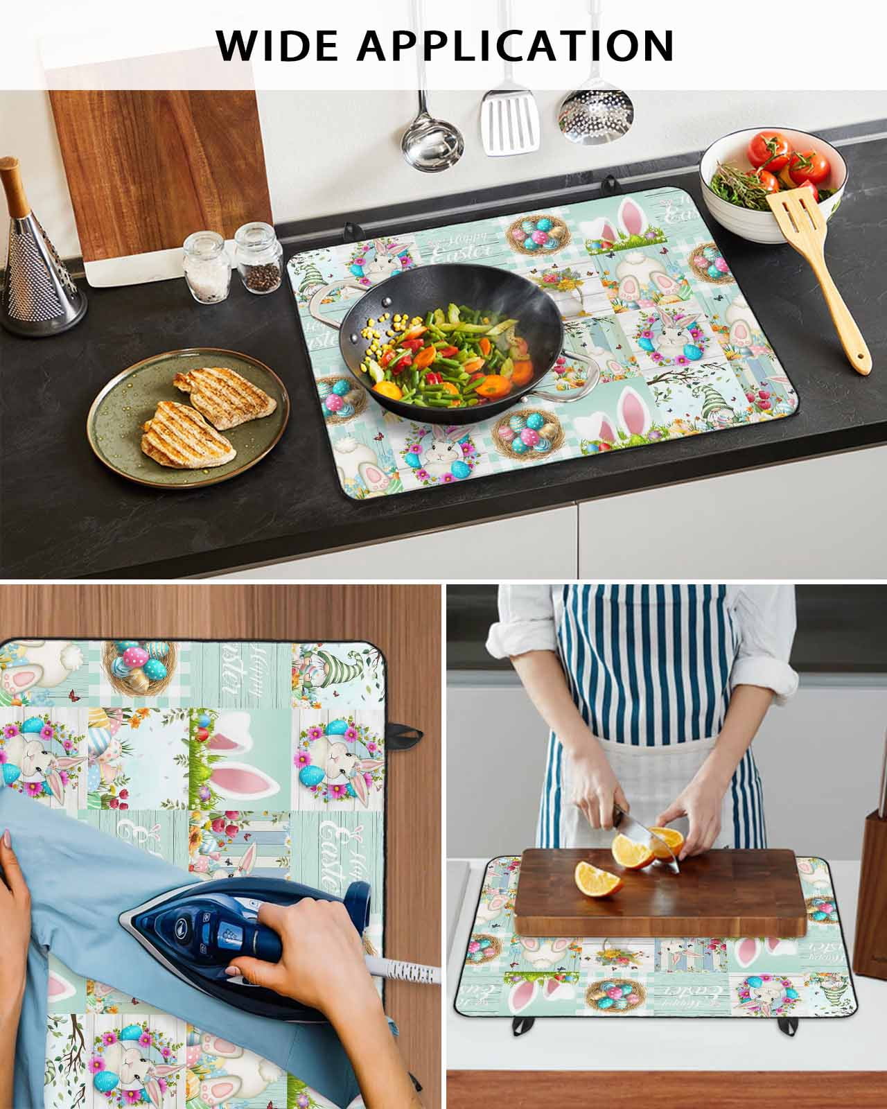 Large Induction Cooktop Protector Mat Easter Stove Top Covers for Electric Stove, Spring Watercolor Eggs Farmhouse Gnomes Wooden Grain Decorative Stove Burner Cover Mats, Glass Top Stove Cover