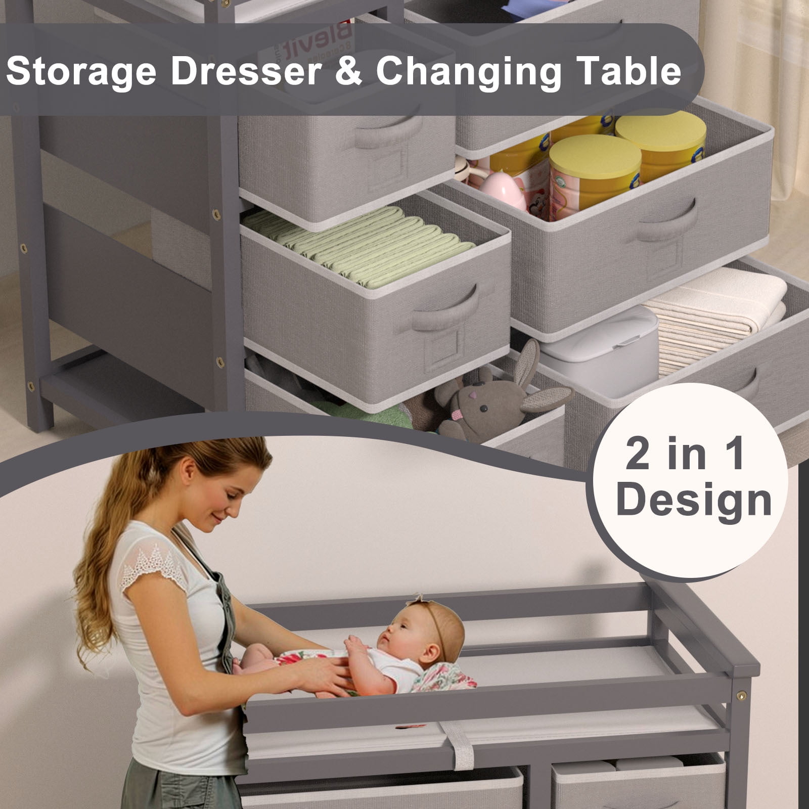 KORIMEFA Baby Changing Table with Laundry Hamper, 6 Storage Drawers and Pad, Changing Table Dresser, Baby Diaper Change Station, Gray