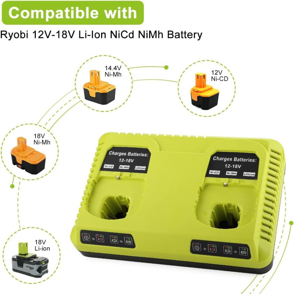 P117 Dual Chemistry 18V Li-ion & Ni-cad Ni-Mh 12V-18V Charger for Ryobi One+ Plus Battery P100 P101 P102 P103 P105 P107 P108 1400670
