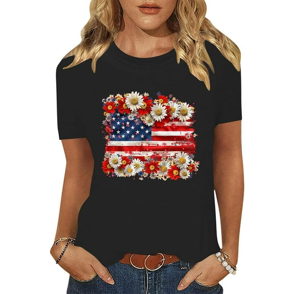 Cavosen American Flag T Shirts Women Petite Patriotic Short Sleeve Crew Neck Tops USA Star Striped Print T Shirts Lady XL Independence Day Casual Tops 4th of July Tunic Tees 2025 Patriotic Clothes