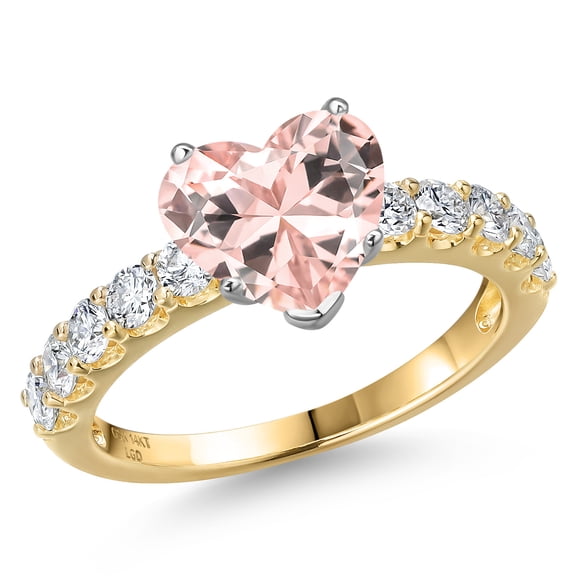 Gem Stone King 14K Two Tone Gold Peach Nano Morganite and Lab Grown Diamond Engagement Ring for Women | 2.61 Cttw | Heart Shape 8MM | Gemstone October Birthstone | Size 9