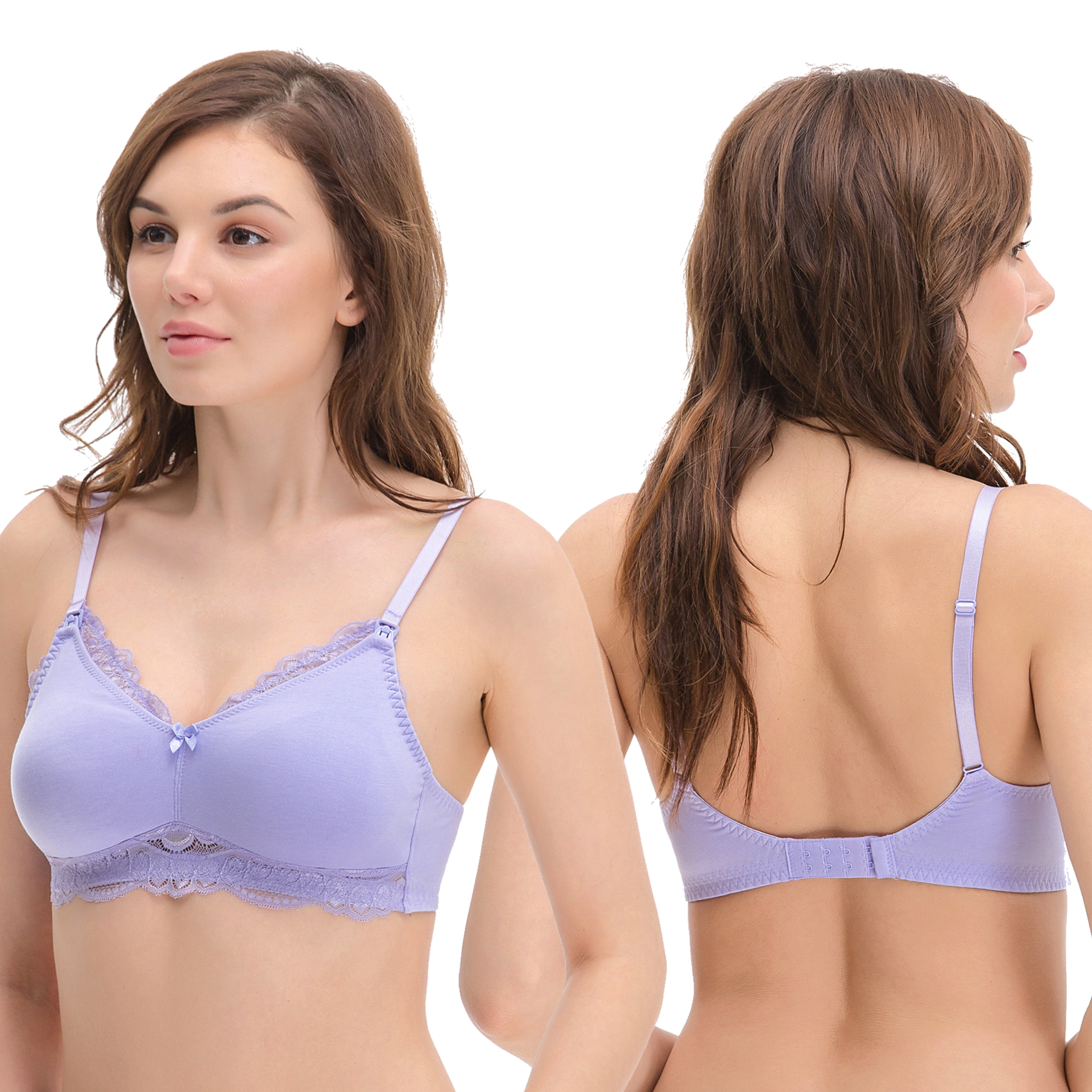 Curve Muse Plus Size Nursing Cotton Unlined Wirefree Bra With Lace Trim-2 PK-PINK,LAVENDER-34C
