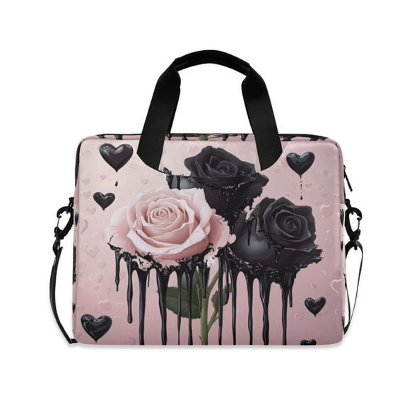 16inch Laptop Briefcase, Business Laptop Bag with Detachable Strap & Padded Compartment, Water-Resistant Polyester,Black and Pink Roses