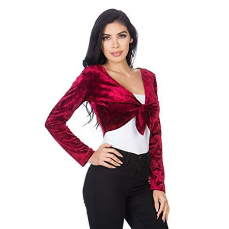 Fashion Secrets Women`s Front Knot Tie Velvet Bolero Shrug Cardigan Jacket, Pus Sizes (Red Burgundy, Large)