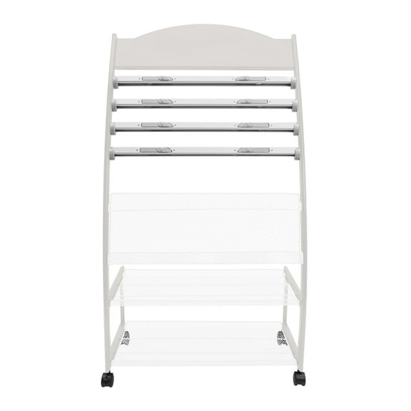 ChicHomey Convenient Foldable Magazine Rack with 4 Wheels, Aluminum Alloy Clips, and Net Baskets for Efficient Magazine and Brochure Storage