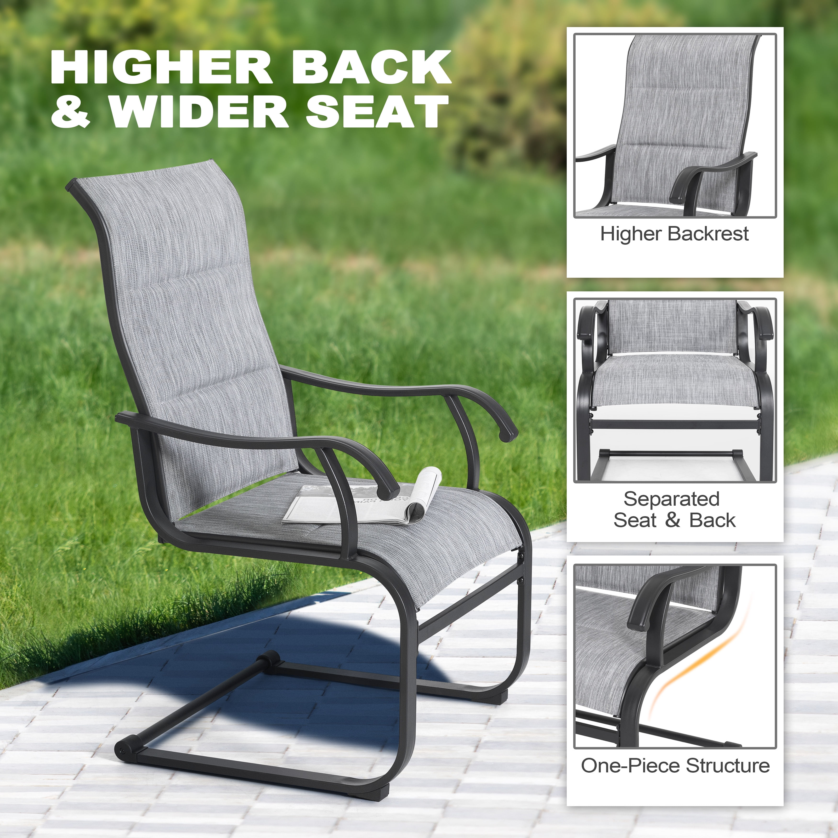 Nuu Garden 7 Piece Outdoor Dining Set, Outdoor Padded Textilene Patio Chairs and 61'' Rectangular Dining Table with Umbrella Hole, Grey & Black