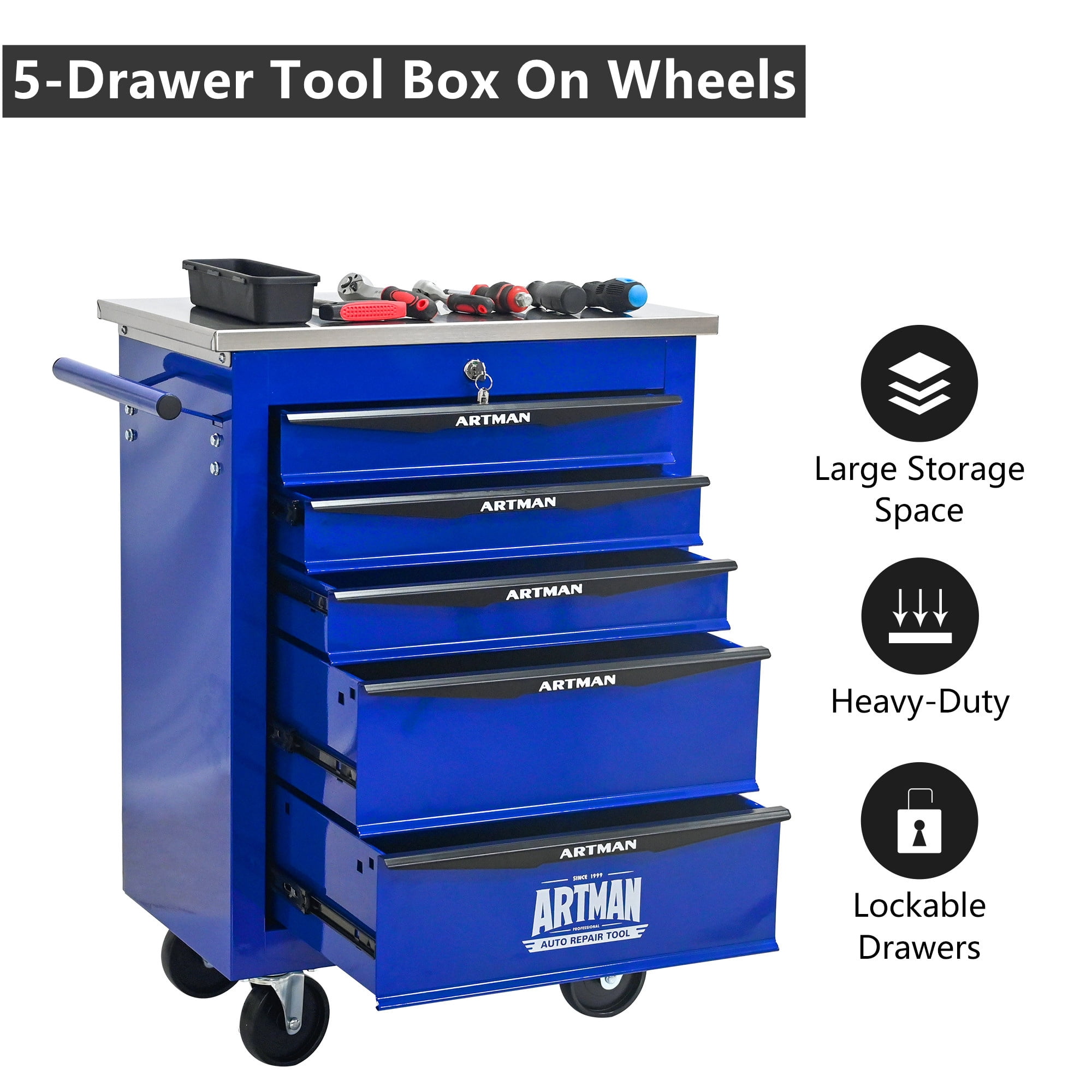 Aukfa Tool Box 5-Drawer Rolling Tool Chest Combination Workbench for Workshop Garage, Blue