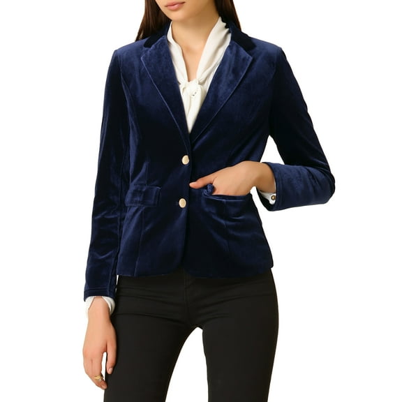 DARING DIVA Women's Notched Lapel Button Front Office Velvet Blazer S Dark Blue
