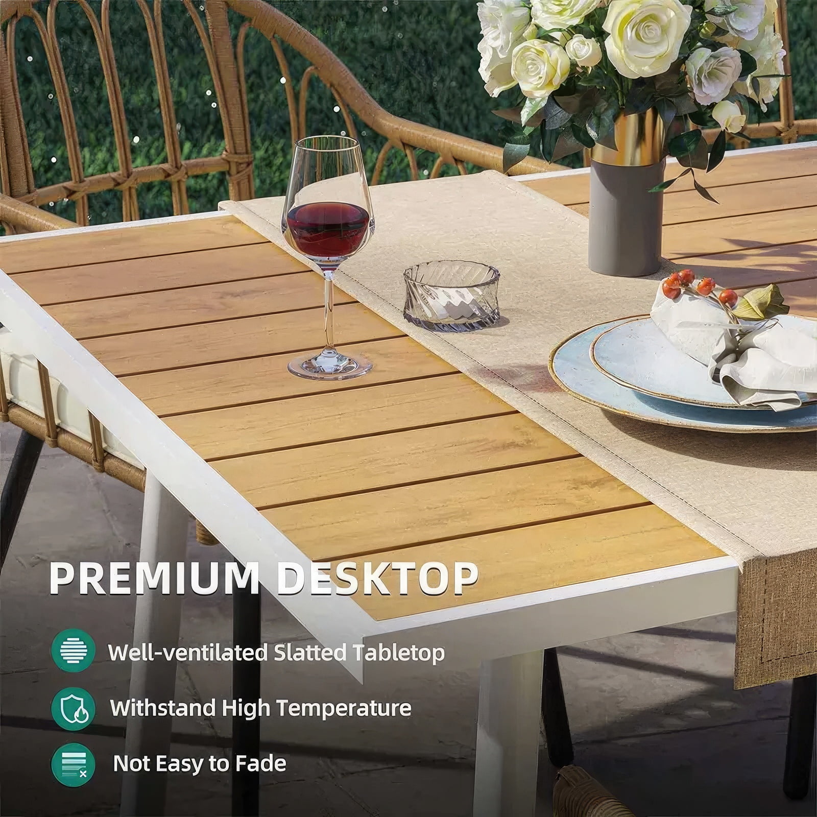 Dextrus 7 Pieces Patio Dining Sets, Outdoor Dining Set - 6 Rattan Wicker Dining Chair and Rectangular Dining Table with Umbrella Hole for Garden, Lawn,Patios, Backyard