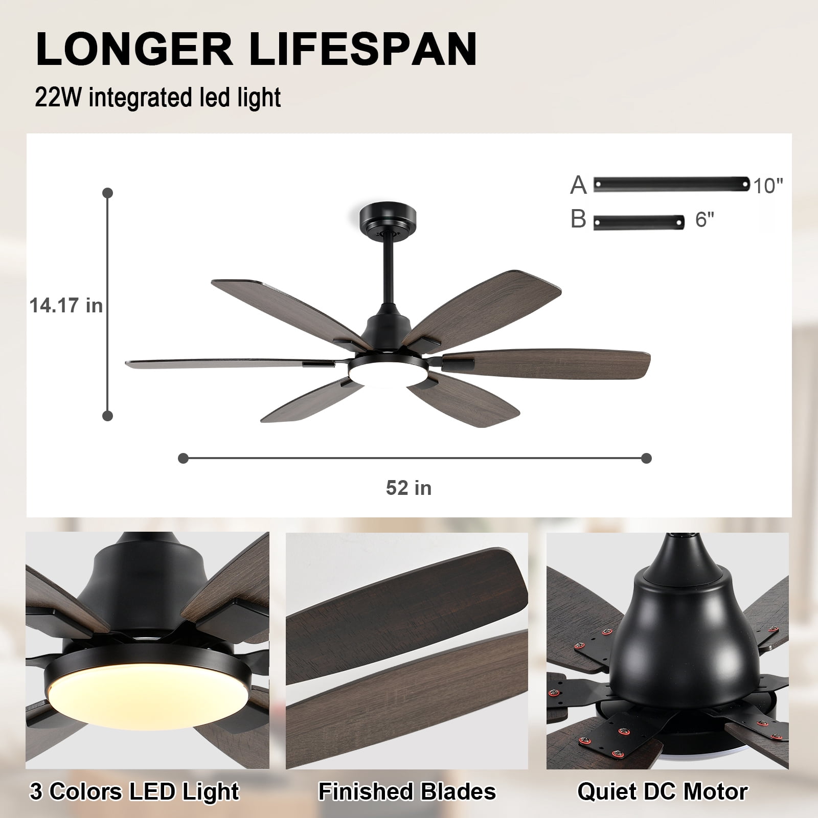Ayaoty Ceiling Fans with Lights, 52 Inch Ceiling Fan with Light and Remote, 3CCT Dimmable, 6 Speed Reversible DC Motor,5 Blades Modern Brown Ceiling Fan for Bedroom, Indoor/Outdoor Use