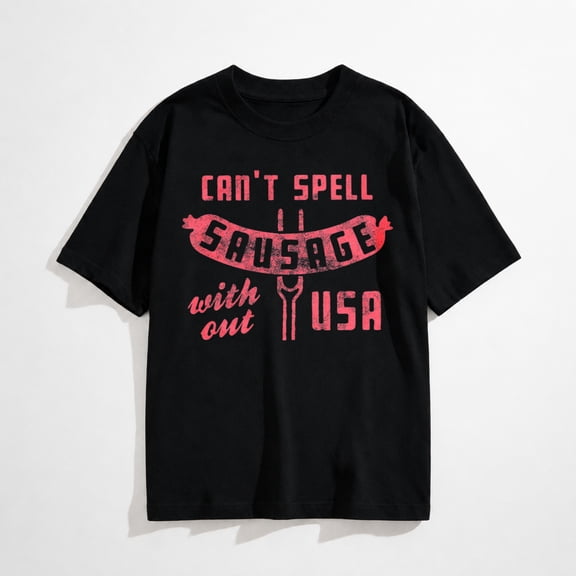 T-ShirtsMens Can't Spell Sausage Without USA T Shirt Funny 4th of July Cookout Kitchen Tee