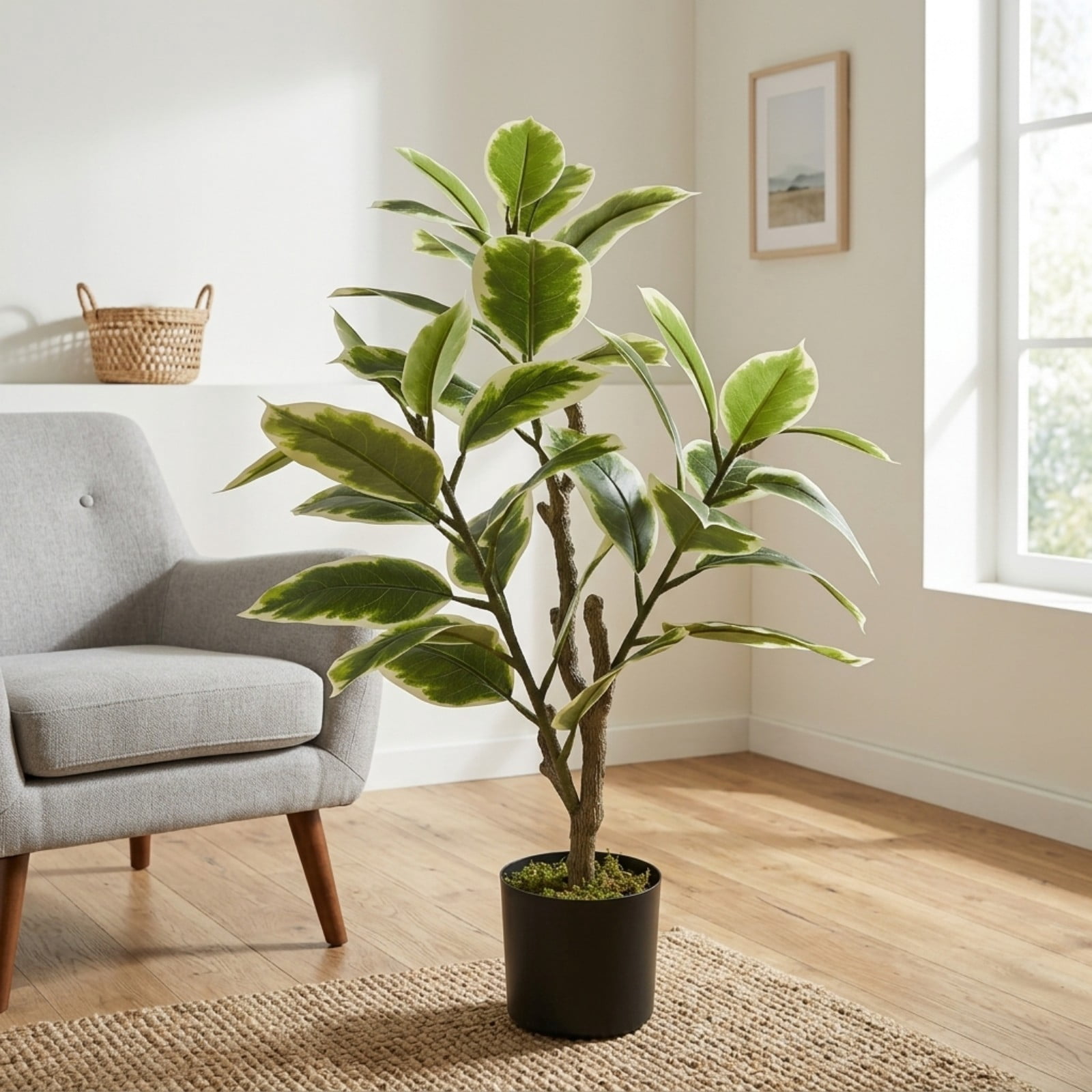 BEAUTYPEAK 3FT Artificial Plant Fake Indoor Rubber Tree Decorative Outdoor Greenery in Black Pot