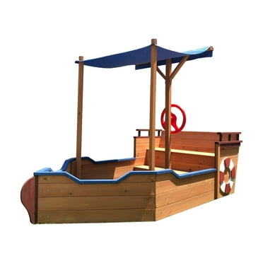 Pirate Ship Kids Sandbox, Wooden Sandbox with Storage Bench and Seat, Outdoor Sand Boxes for Kids Ages 3-8 Years Old Backyard, 63" L x 30.7" W x 40.5" H, Natural Wood