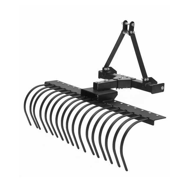 Heavy Duty 50 Inch 3 Point Landscape Rock Rake for Category 0 and 1 Tractors, 360° Rotating with Replaceable Spring Steel Tines, Quick Mount for Soil Prep Brush Clearing Arena Raking, Orange or Black