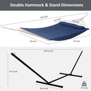 SUNCREAT Double Hammock with Stand, Two Person Cotton Rope Hammock-- 147.6(L)*52(W)*47.6(H) , Navy
