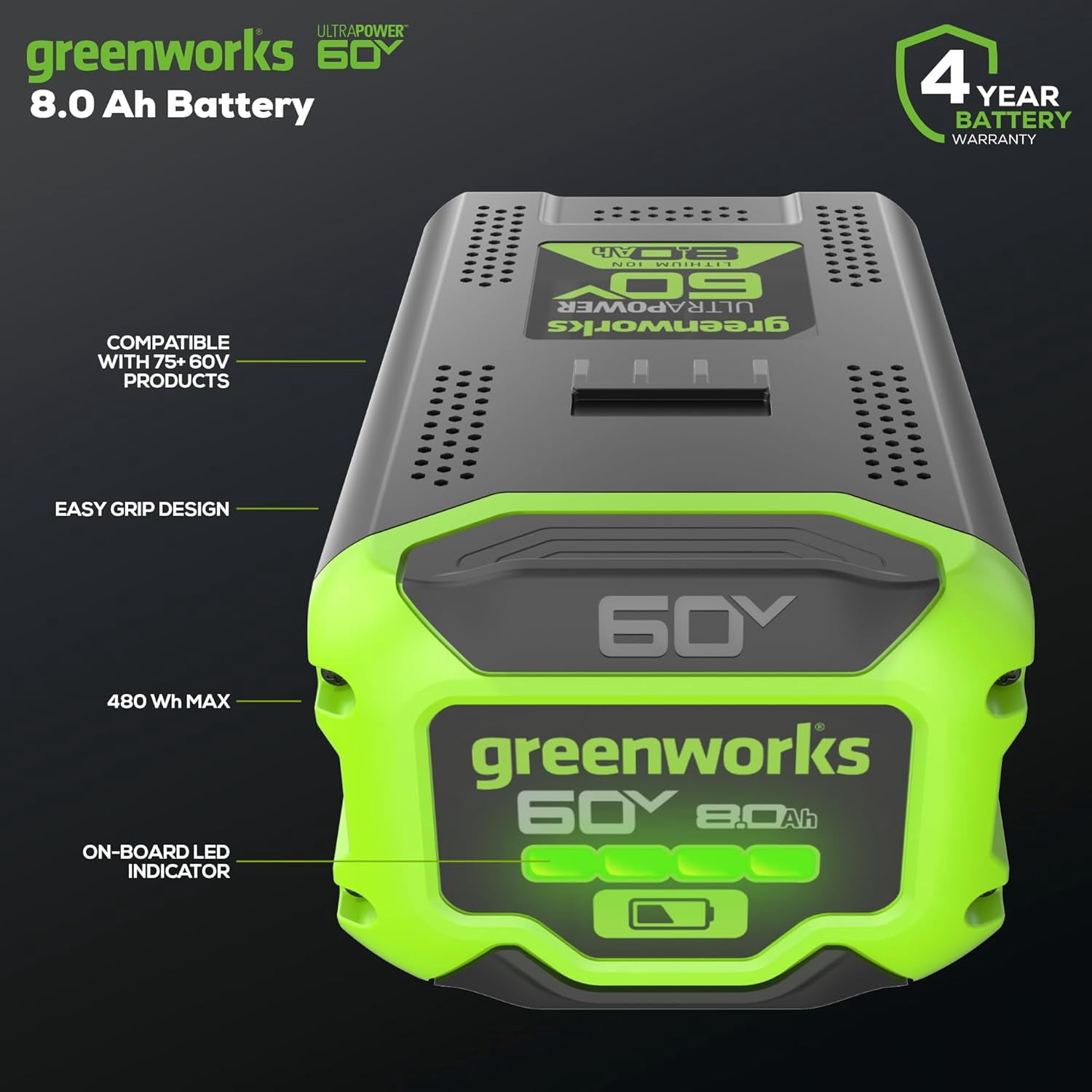 Greenworks LB6080 60V 8.0Ah Lithium-Ion Battery, Black