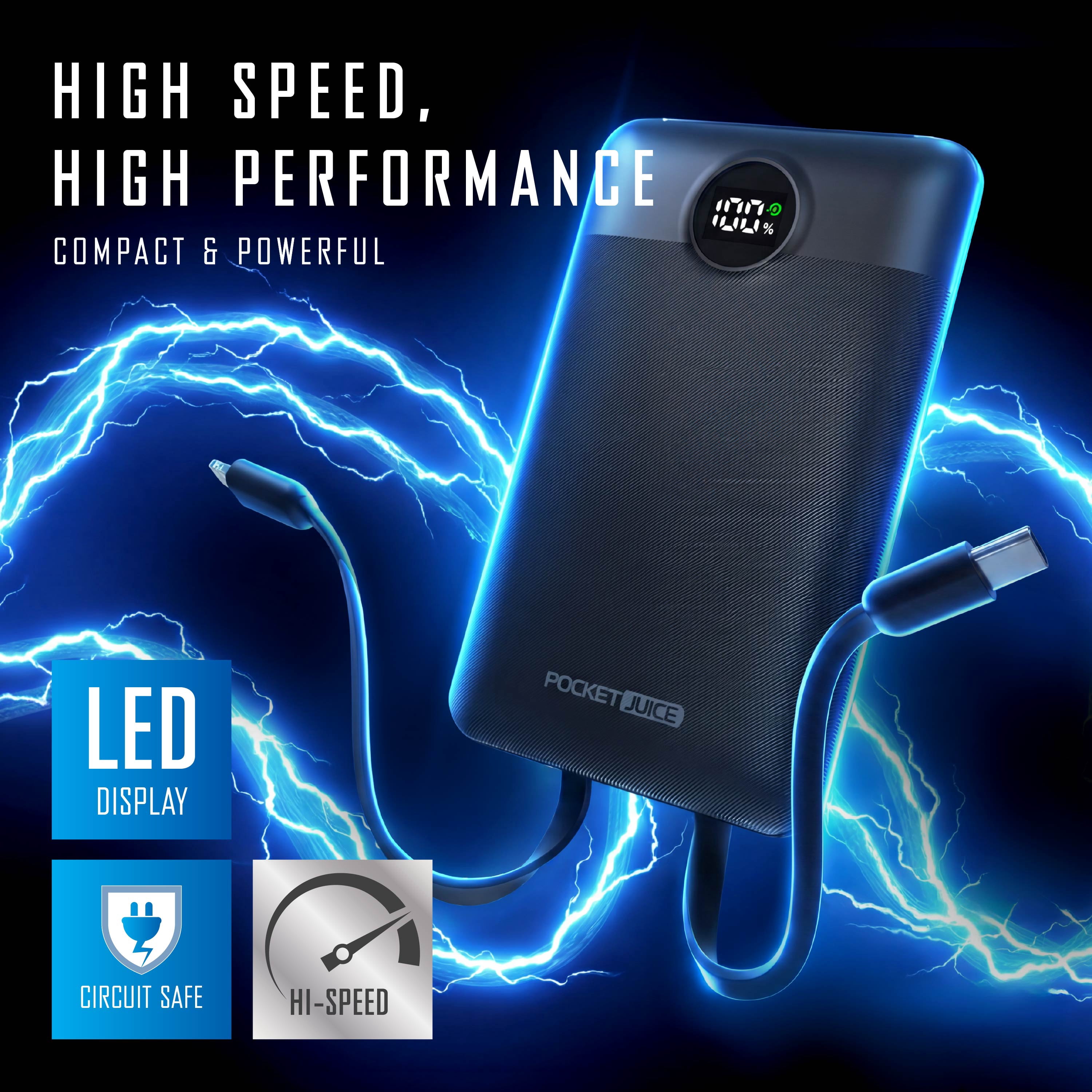 Pocket Juice Force 10,000mAh Portable Charger Power Bank – Slim Portable Phone Charger with Built-in USB-C & Lightning Cables