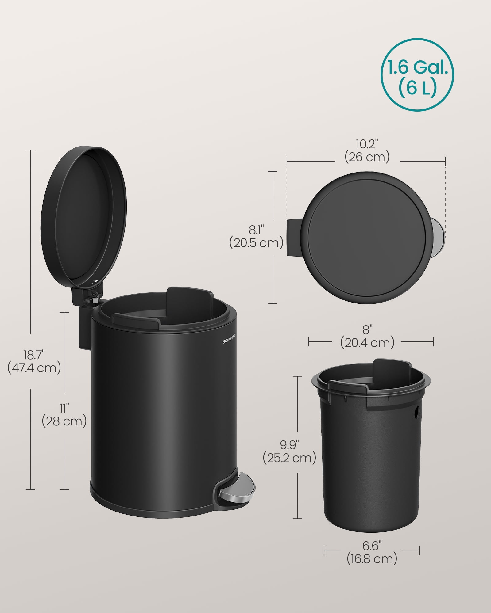 1.6 Gallon Bathroom Trash Can, Small Stainless Steel Garbage Bin with Soft-Close Lid & Pedal, Inner Bucket for Toilet Bedroom, Ink Black