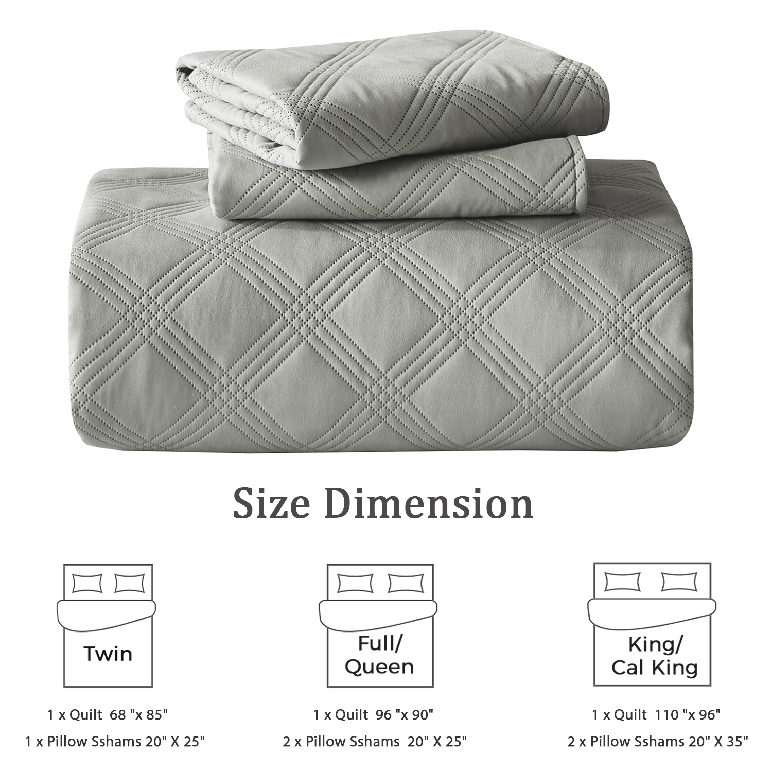 Davulos 3-Piece Thin Quilt King Size Gray Lightweight Bedding Quilt Sets Summer Bedspread Coverlet with 2 Pillow Shams