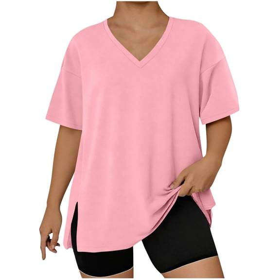 LNWUY (L-5XL)Womens Plus Size T-Shirts Casual V Neck Short Sleeve Solid Color Side Hem Split Loose Fit Shirts Summer Casual Tees Pink XXXXXL