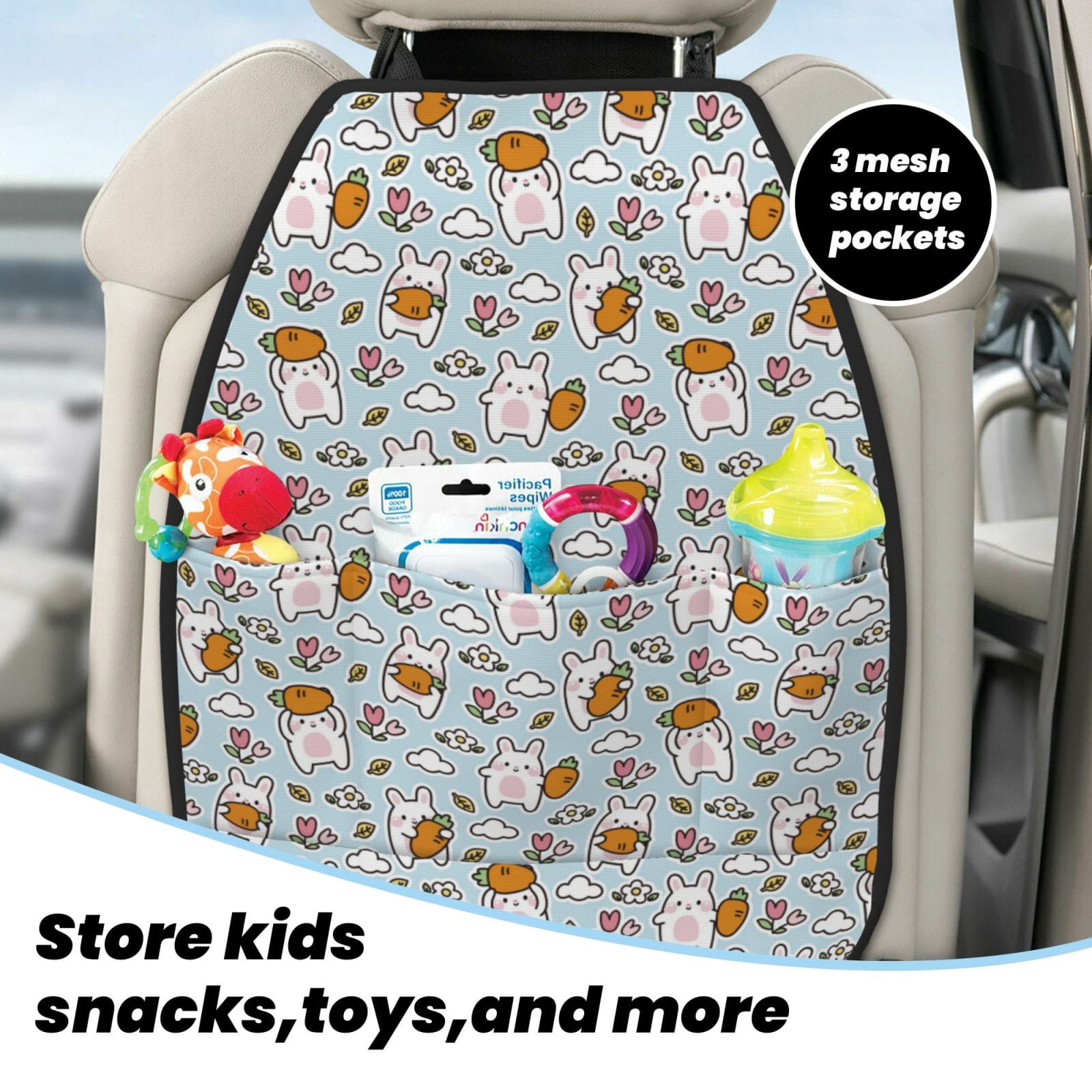 Kdxio Carrot Rabbit Print 2 Pack Car Kick Mat Seat Cover Back Protector Mat with Pockets for Organizer Backseat Protector and Storage Anti Kick Pad for Vehicles