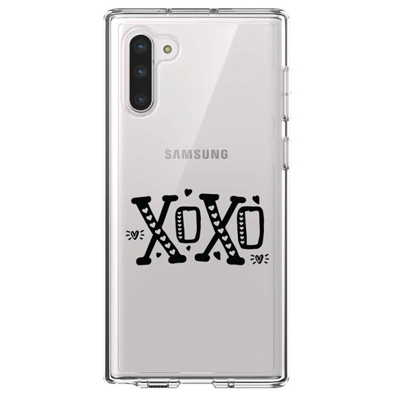 DistinctInk Clear Shockproof Hybrid Case for Samsung Galaxy Note 10 (6.3" Screen) - TPU Bumper Acrylic Back Tempered Glass Screen Protector - XOXO Black Hearts Valentine