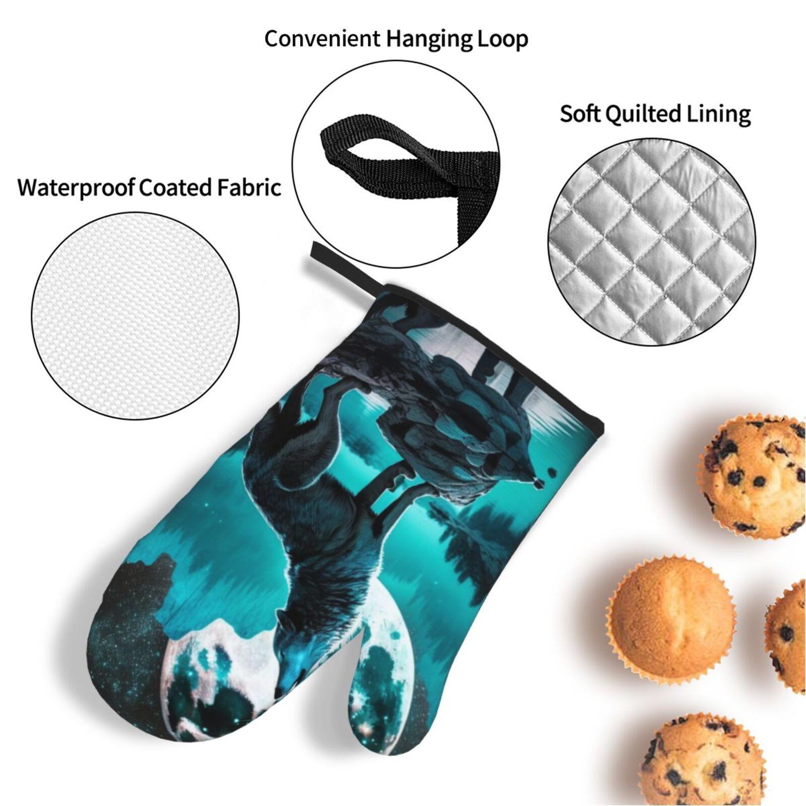 Wolf Howling River Night Moon Cool 4Pcs Oven Mitts and Pot Holders Sets Oven Kitchen Gloves Hot Pads for Cooking BBQ Baking Grilling