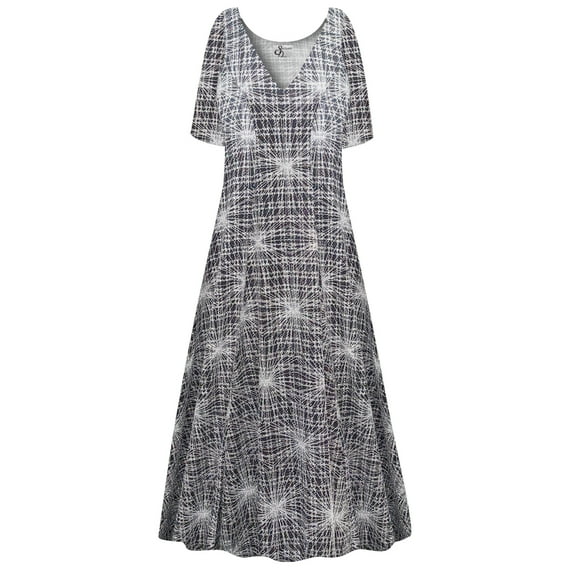 Large Extra Tall Womens Dress Silver Polaris Designer Print Short Sleeve Low V-Neck Princess Cut