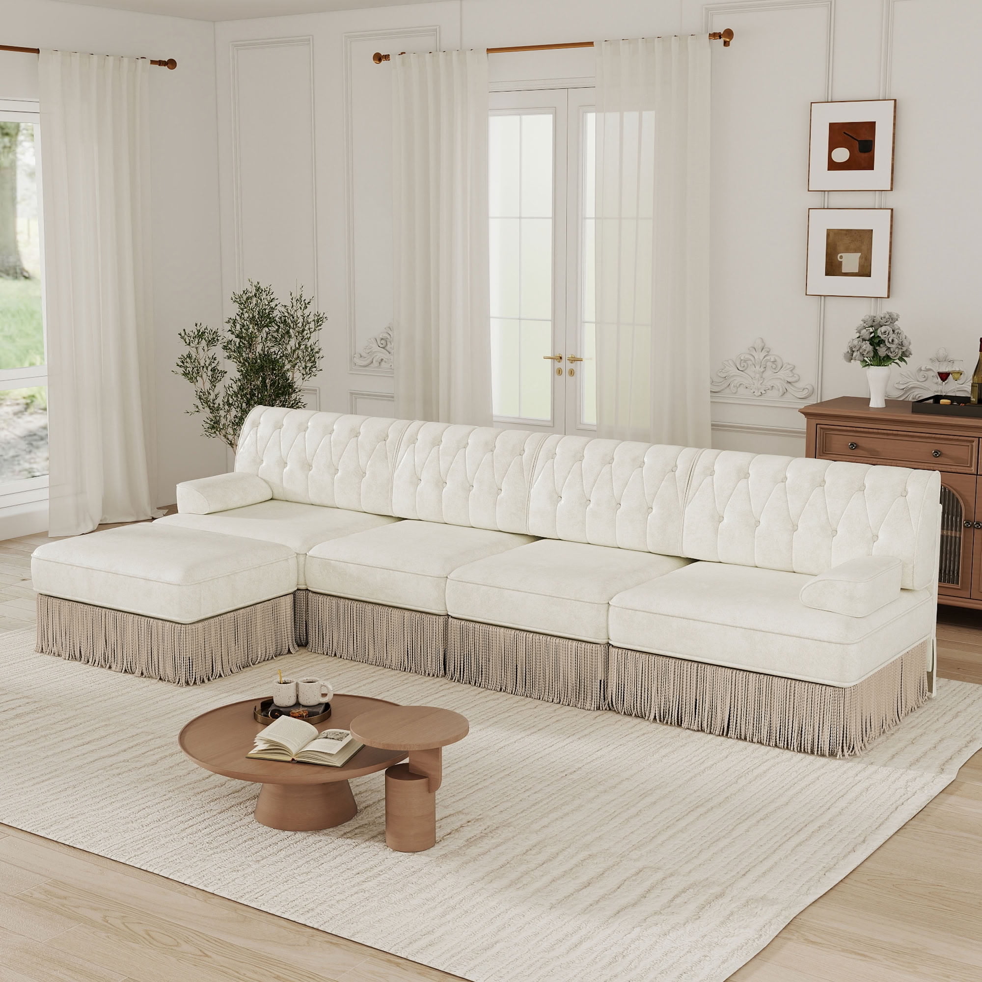 MAYEERTY 135 Inch L-Shaped Sectional Sofa, Pet Friendly Chesterfield Modular Couch with Ottoman, for Living Room Bedroom Rest Area